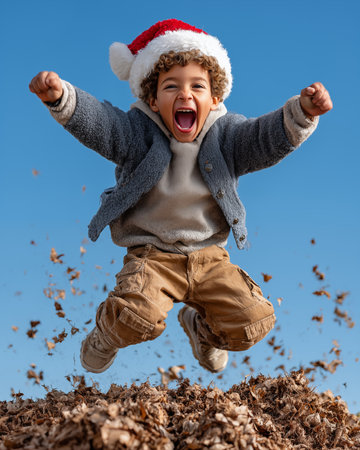 Cheerful boy in santa claus hat jumping in the airの素材