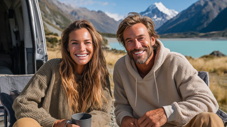 Couple sitting in campervan and looking at camera in mountainsの素材