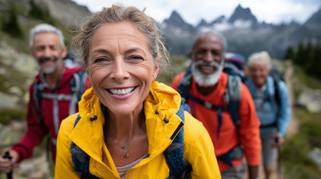 Portrait of smiling woman with friends standing in the background at mountain peakの素材