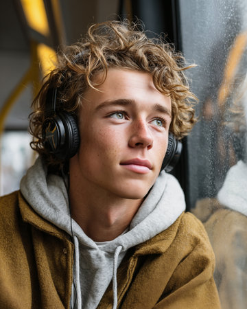 portrait of young man listening to music with headphones in public transportの素材