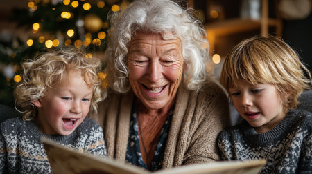 Grandmother reading book with her grandchildren in front of christmas treeの素材