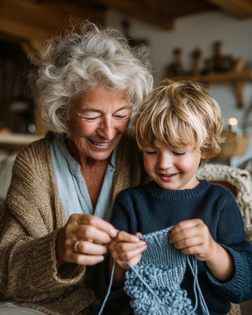 Grandmother and grandson knitting together at home. Grandmother and grandson spend time together.の素材