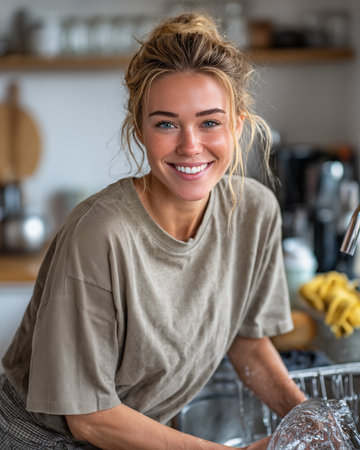 Portrait of smiling young woman washing dishes in the kitchen at homeの素材