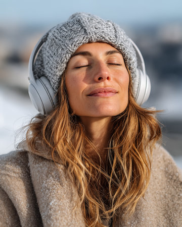 Portrait of a beautiful young woman in winter clothes listening to music with headphonesの素材