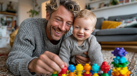 Portrait of happy father and son playing with plastic blocks at homeの素材