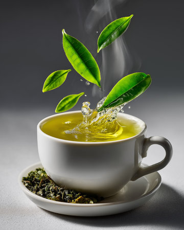 Green tea in a cup with fresh green leaves on a gray backgroundの素材