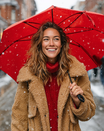 Image of a beautiful young woman walking outdoors in the street holding umbrella.の素材