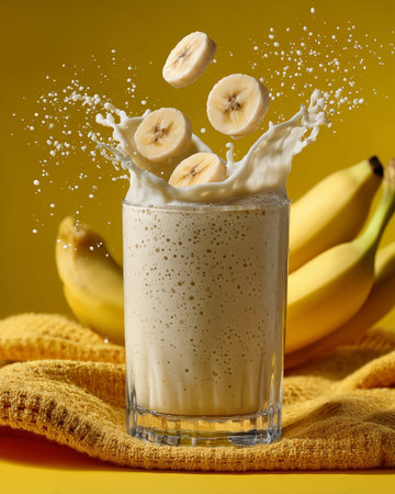 Banana milkshake with splashes on yellow background, close upの素材