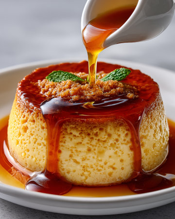 Pouring caramel sauce on a flan, close-up.の素材
