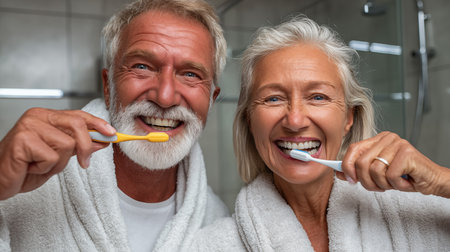 Portrait of happy senior couple brushing their teeth in bathroom at homeの素材