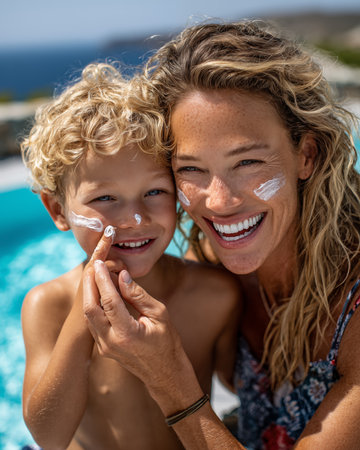 Mother and son applying sun protection cream on their faces in swimming poolの素材