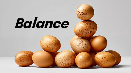 Eggs stacked in a pyramid on a gray background with the word Balanceの素材
