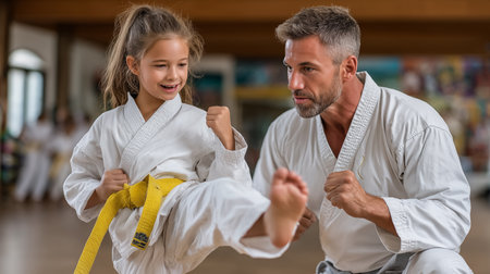 Father and daughter are training karate.の素材