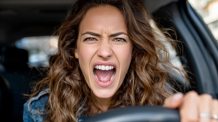 Close-up portrait of a young woman screaming while driving a carの素材