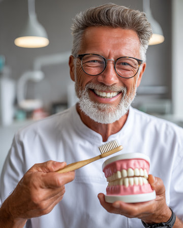 Portrait of smiling senior man holding toothbrush and tooth model in dental officeの素材