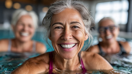 Portrait of senior woman smiling at camera in swimming pool at spaの素材