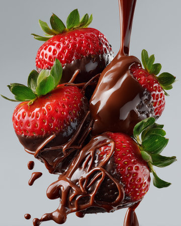strawberries in chocolate on a gray background. 3d renderingの素材