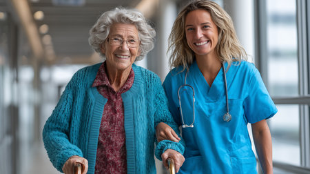 Portrait of smiling nurse and senior woman with walking stick in hospital corridorの素材