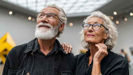Portrait of senior couple in eyeglasses looking at camera in shopping mallの素材