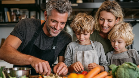 Portrait of happy family cooking together in the kitchen at home.の素材
