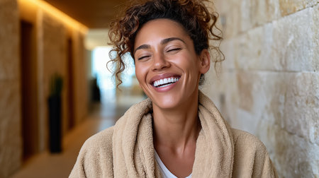 Close up portrait of a beautiful young African American woman wrapped in a beige blanket smiling and looking at the cameraの素材