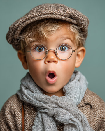 Surprised little boy in a cap, scarf and glasses.の素材