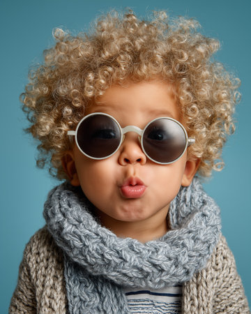 Cheerful little girl in a yellow sweater on a yellow backgroundの素材
