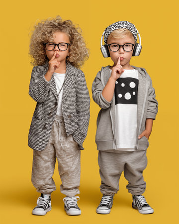 Little boy and girl in eyeglasses showing shh gesture over yellow backgroundの素材