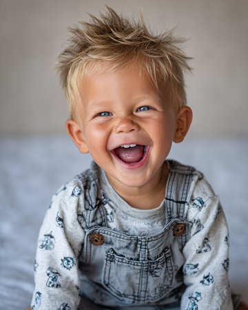 Portrait of a cute little boy with curly hair wearing sunglasses and scarfの素材