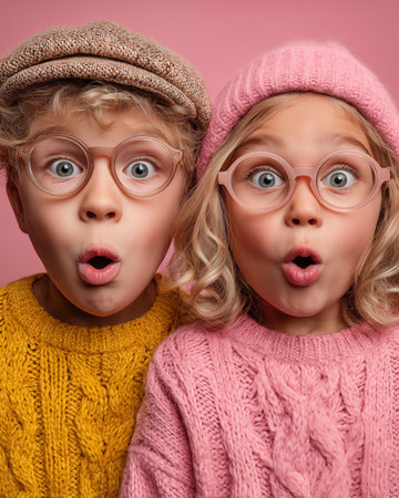shocked children in eyeglasses looking at camera isolated on pinkの素材