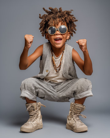 Cheerful african american little boy in sunglasses and stylish clothesの素材