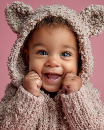 Portrait of a cheerful little girl in a knitted hat and scarf on a pink backgroundの素材