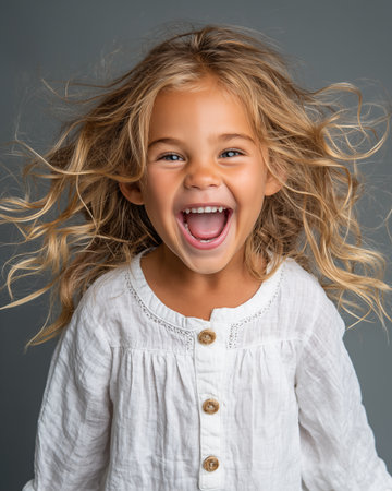 Portrait of a cute little girl with flying hair over gray backgroundの素材