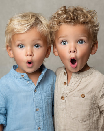 Portrait of cute little boy and girl looking at camera with surprised expressionの素材