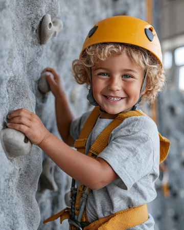 portrait of smiling little boy in safety helmet climbing wall at gymの素材