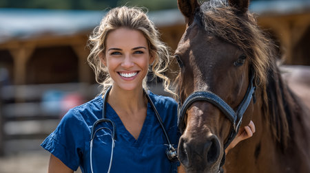 Portrait of a smiling nurse standing with her horse in the paddockの素材