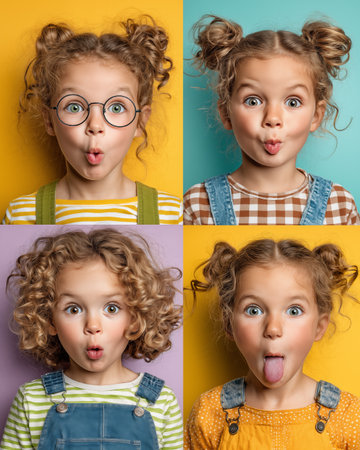 Collage of funny little girls with different facial expressions on colorful backgroundの素材