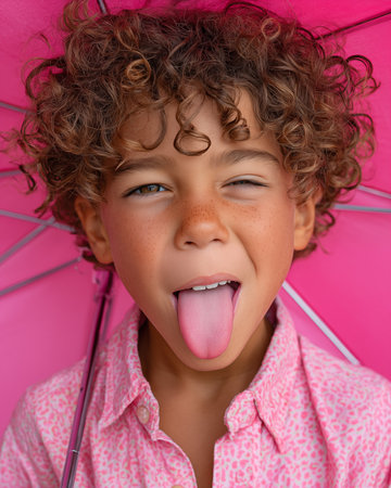 Portrait of a curly-haired boy in a pink shirt with an umbrella.の素材