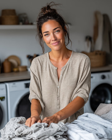 Portrait of a beautiful young woman ironing clothes at home.の素材