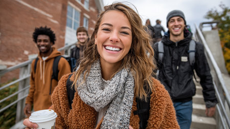 Portrait of smiling young woman with friends on stairs in the backgroundの素材
