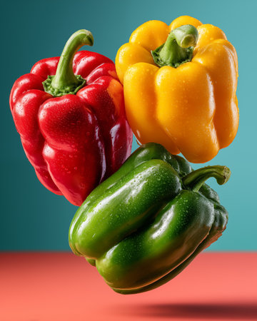 Red, yellow and green bell peppers on a blue and red backgroundの素材