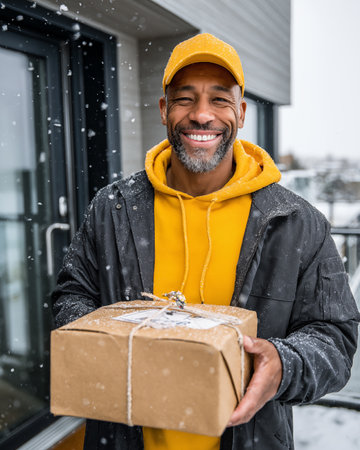 smiling african american man in yellow hoodie holding christmas gift box and looking at cameraの素材