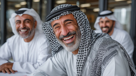 Portrait of smiling arabic man with his family in officeの素材