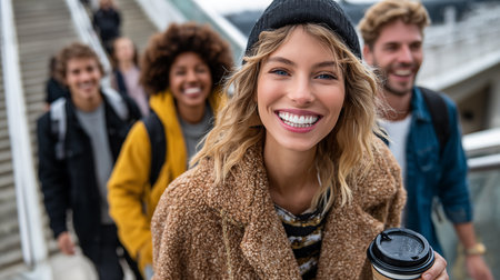 Portrait of smiling young woman with friends on escalator in cityの素材