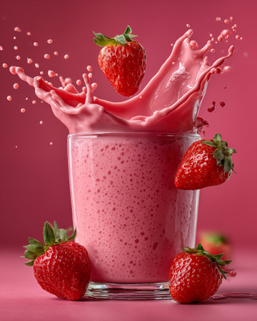 Strawberry milkshake in glass with splash on pink backgroundの素材