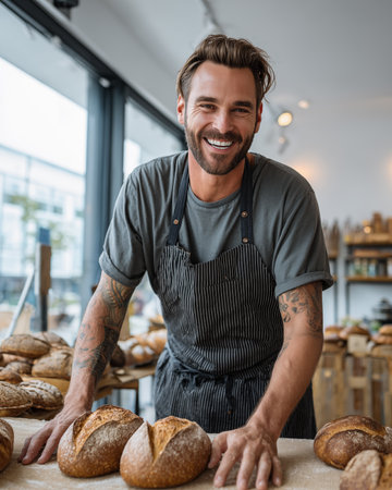 happy male baker in apron smiling at camera while working in bakeryの素材