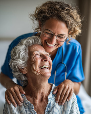 Portrait of smiling nurse and senior woman in nursing home. Focus on womanの素材
