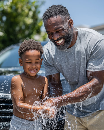 Happy father and son splashing water in car on a sunny dayの素材