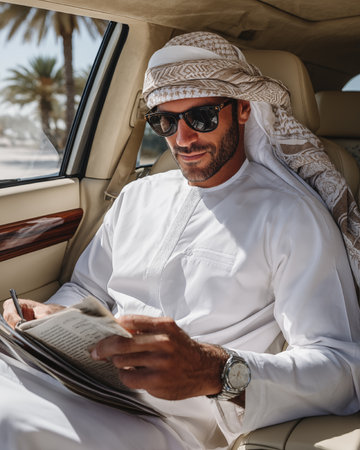 Portrait of a handsome arabic man in a white suit and sunglasses reading a newspaper while sitting in a luxury carの素材