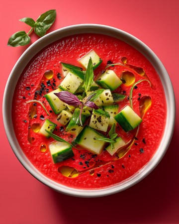 Gazpacho soup with cucumber and basil on red background, top viewの素材